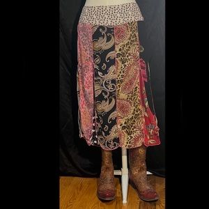 midi skirt of panels of fun, wild prints